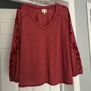 Tru self Women's V-Neck Embroidered Top - Red